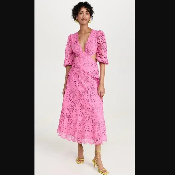 FARM Rio Pink Richelieu Midi Dress Eyelet Scallop Cutout Tuckernuck Sundress - Picture 2 of 9